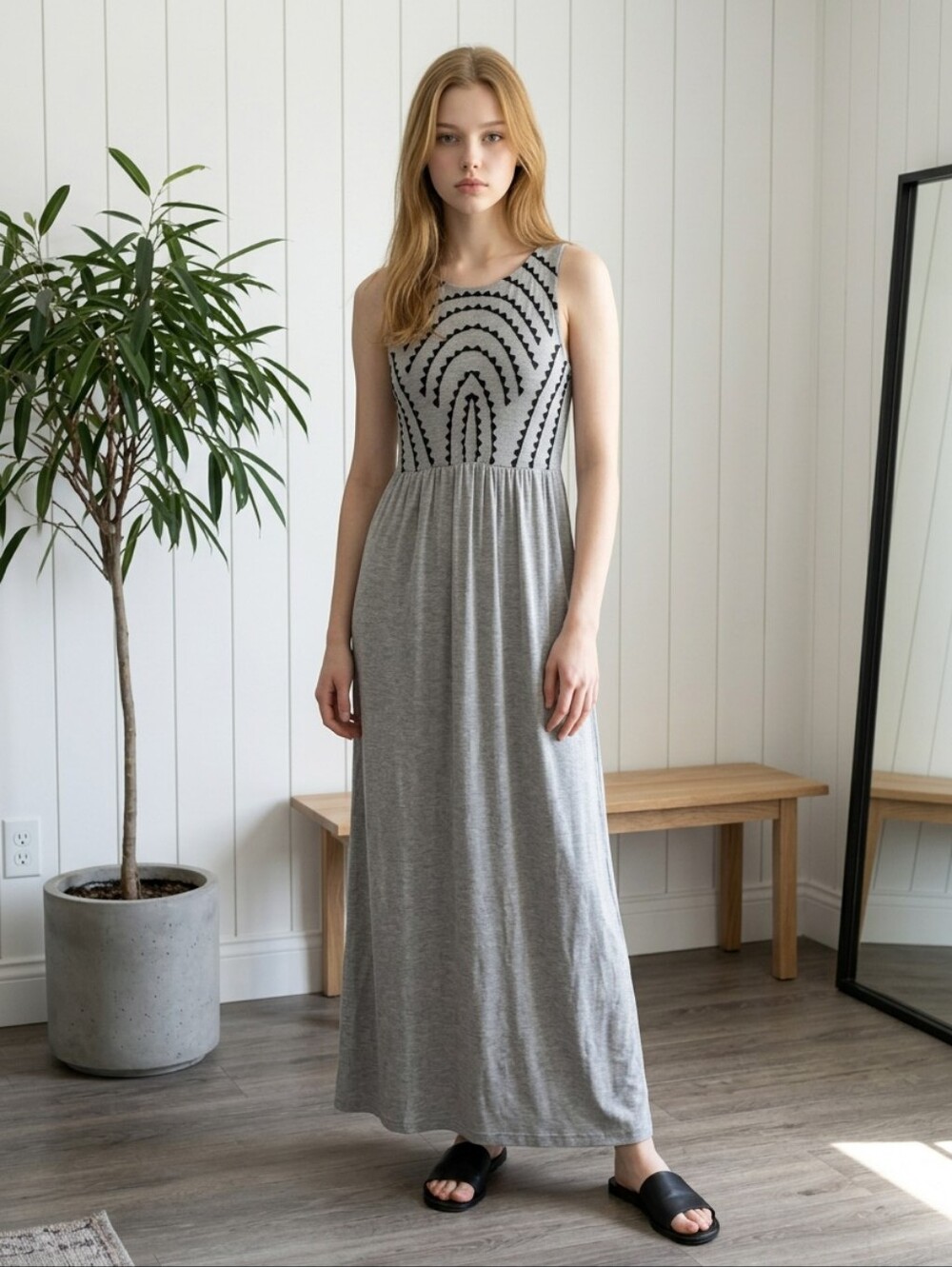 Olive + Oak SZ S Gray Maxi Dress Black Embroidered Halter Top Flowy Skirt Scandi